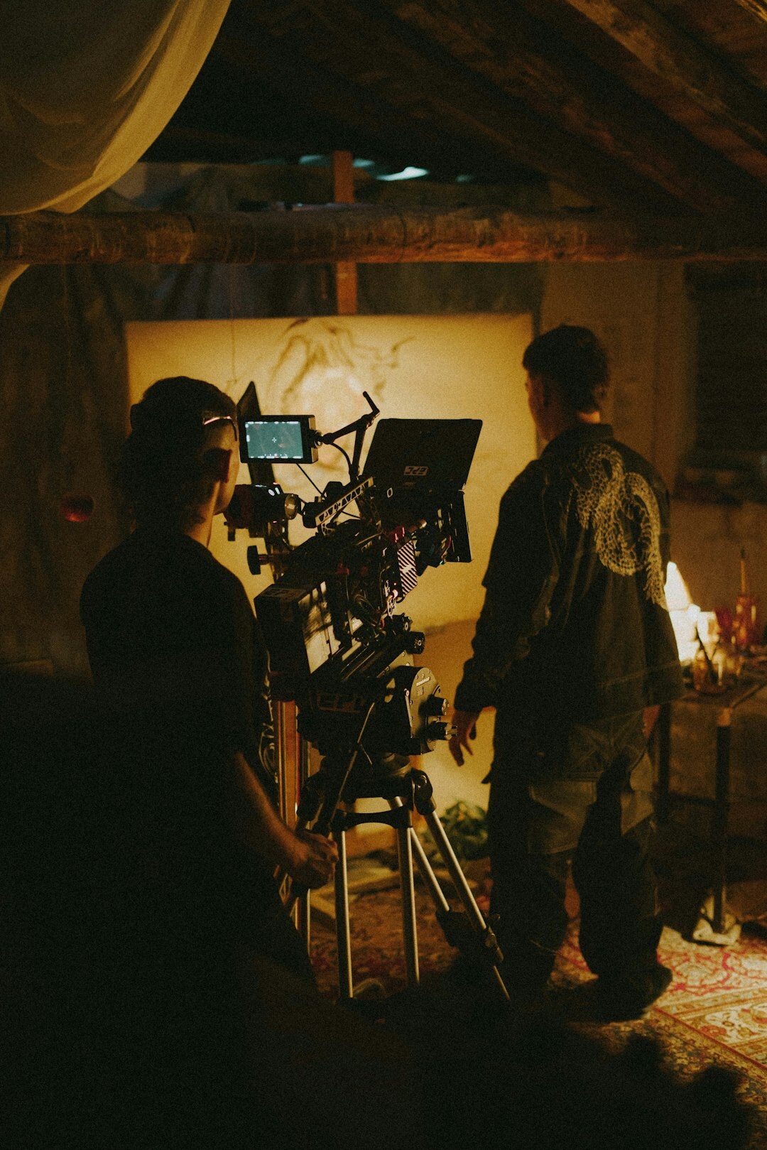 Television studio with cameras and lighting rigs